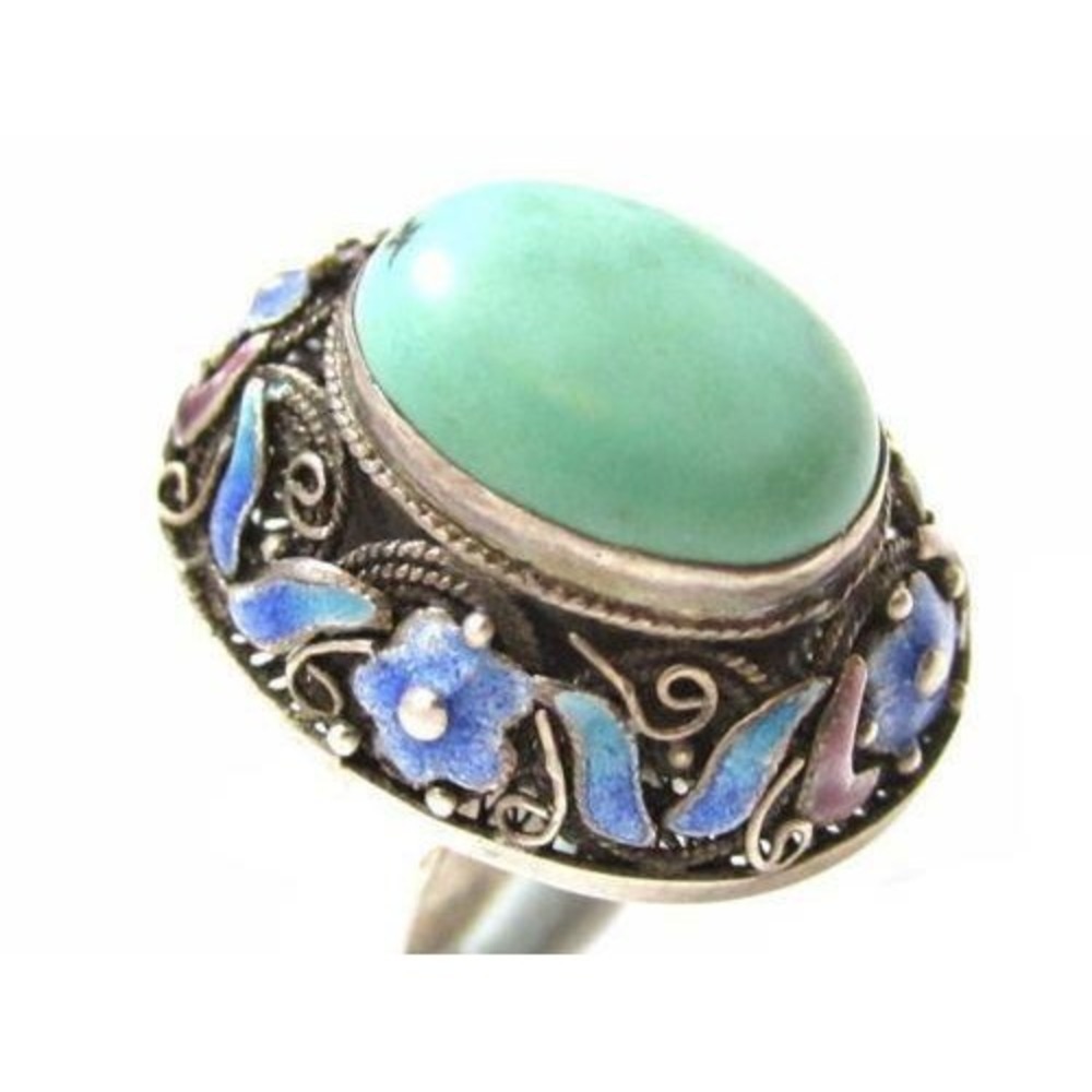Vintage Chinese Export Enamel Flower 925 St Silver‎ Turquoise Ring*9.25